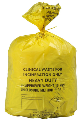 LDPE / HDPE / MDPE كيس نفايات معدية عربة طبية صفراء يمكن التخلص منها